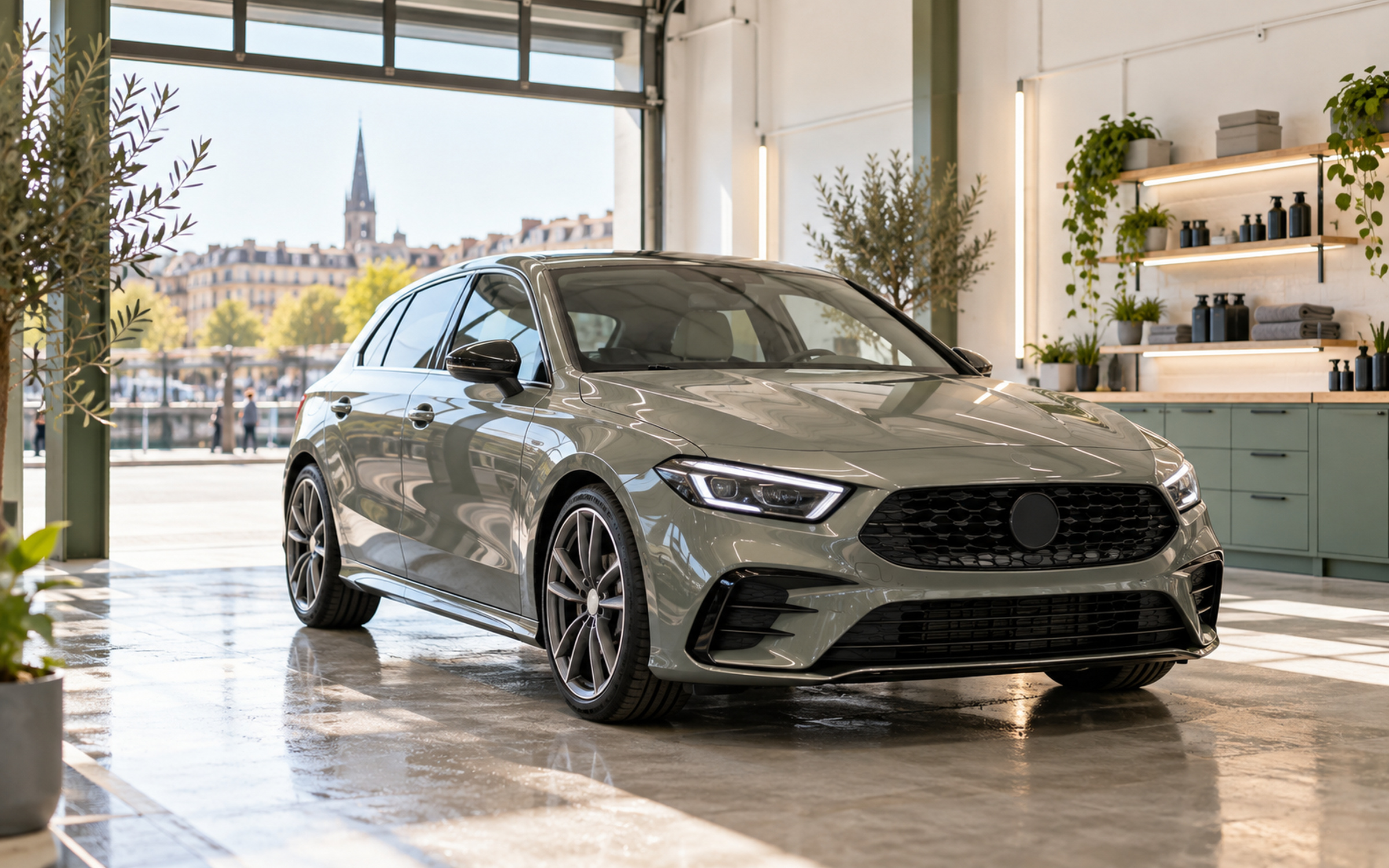 atelier lumineux aux murs blancs et touches vert sauge, une voiture propre