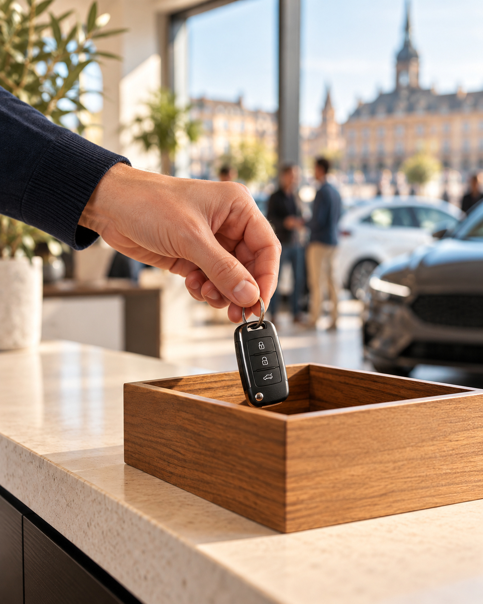 main déposant des clés de voiture dans une boîte en bois, comptoir clair